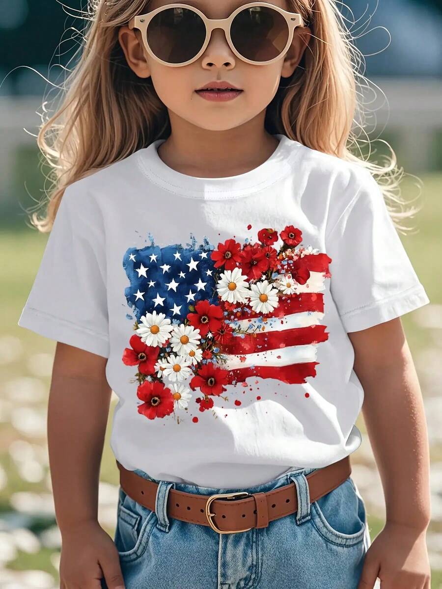 Unique Floral American Flag Floral 4th Of July Novelty Awesome Graphic Kid T-Shirt Cute Kid T Shirts Trending Tees Tops For Kid - White - View 1