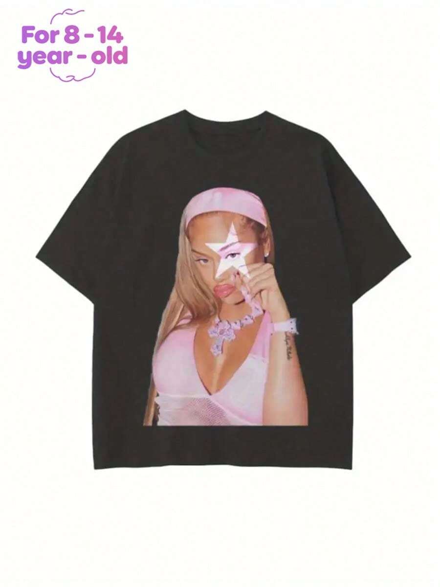 Teen Girl Clothes Baby Tee Y2K Style, Woman In Portrait Print Short Sleeve Tee, Teen Shirts Girls Clothes, Round Neck Breathable Fabric, Teen Girl Outfits Elegant Gifts - 黑色 - 查看 1