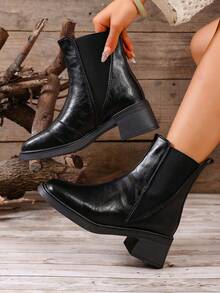 hanxiangyuzu Botas Chelsea para mujer, tacón grueso, punta cuadrada estilo retro francés, nuevas botas de tobillo con tacón alto para otoño/invierno 2026 - Negro - Ver 5