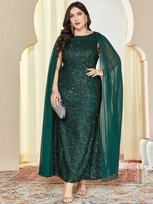 大码女式圆领全亮片刺绣无袖长裙，配长拖尾腰带，优雅紧身礼服，适合正式场合、派对、宴会 - 墨綠色 - 查看 4