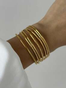 1pc Fashionable Geometric Line Stainless Steel 18K Gold Color Bracelet, Autumn/Winter Personalized Bangle Jewelry, Minimalist Wide Face Stackable High-End Women Bracelet