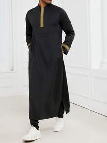 Kamisweat Muslim Men's Hooded Robe, Prayer Garment, Metal Decor Ribbon, Front Zipper, Side Pockets, Side Slits, Comfortable Long Dress For Vacation - Black - View 2