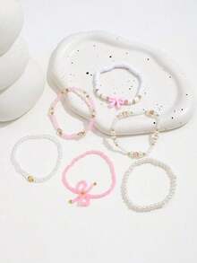 6pcs/Set Fashionable Heart & Bow Beaded Bracelet Set Women,Pearl Bow Set Women's Bracelet Sweet Bohemian Beaded Style - 粉色 - 查看 6
