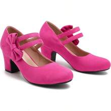 Enelauge Women's Mary Jane Heels With Bow Retro Closed Round Toe Pumps Sweet Ankle Strap Low Block Heels Chic Bowtie Vintage Dress Wedding Party Office Daily ShoesChristmas - 亮粉色絨面革 - 查看 4