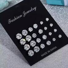 12 Pairs Hypoallergenic Stainless Steel Cubic Zirconia Stud Earrings, Vintage Bohemian Vacation Style, Mother's Day Surprise Gift