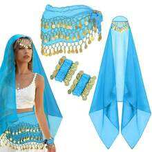 4 件套肚皮舞套装肚皮舞雪纺臀巾、头巾腕带舞蹈配饰带金币 - 彩色 - 查看 19