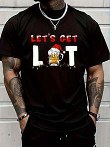 100% Cotton Let's Get Lit Drinking Beer Santa Hat Christmas Lights T-Shirt Women's Men's Graphic Tee Black Summer Crew Neck T-Shirt - 黑色 - 查看 1
