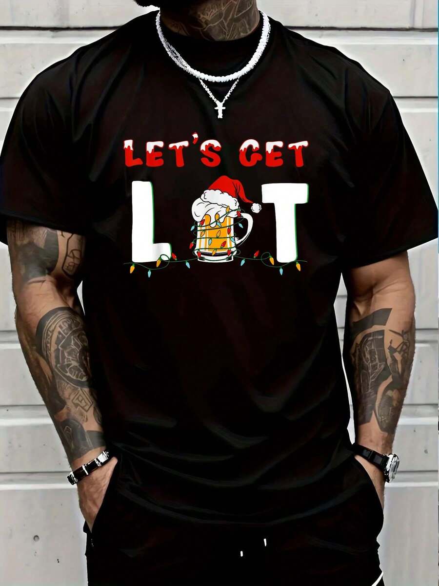 100% Cotton Let's Get Lit Drinking Beer Santa Hat Christmas Lights T-Shirt Women's Men's Graphic Tee Black Summer Crew Neck T-Shirt - 黑色 - 查看 1