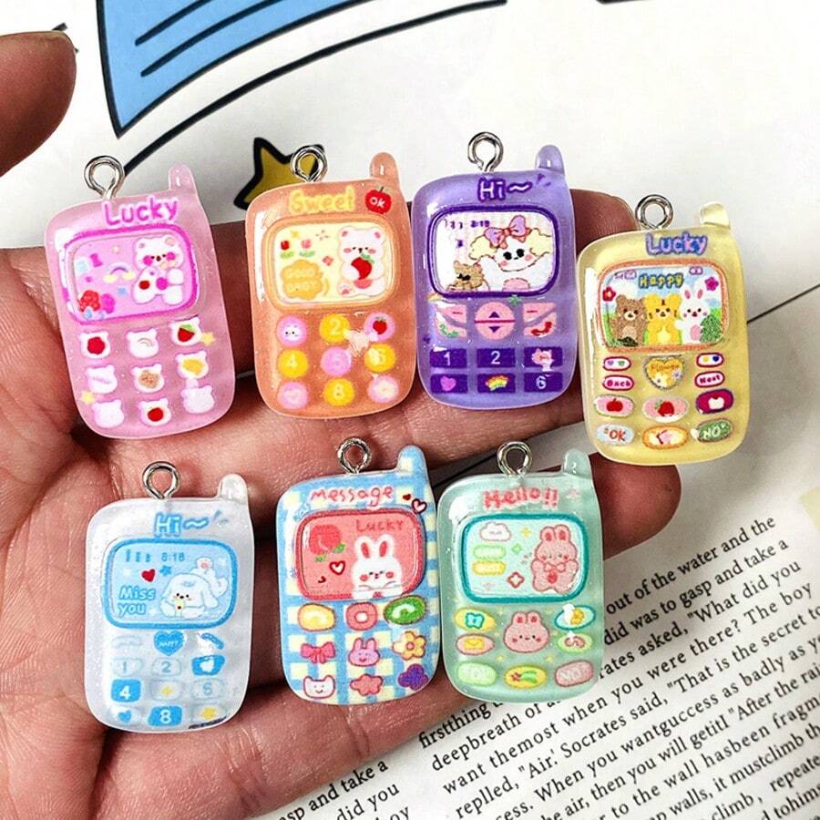 5/10pcs Random Mix Cartoon Phone Resin Charms Kawaii Rabbit Cellphone Pendant For Keychain DIY Crafts Jewelry Making - Random Multicolor - View 1