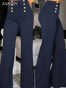 Women's 70s Retro Style High Waist Flare Pants With Gold Buttons, Vintage Office & Casual Wear - Navy Blue - View 3