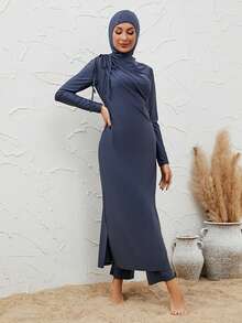 VFJ Women's Full Coverage High Waist High Stretch Burkini Elegant Round Neck Long Sleeve Modest Swimsuit - Navy Blue - View 5
