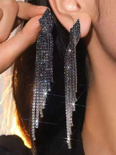 1 Pair Elegant Rhinestone Tassel Earrings, Versatile Fashion Jewelry For Women, Suitable For Wedding, Party, And Formal Occasions