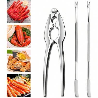 3 PCS Lobster Crackers And Picks Set, Stainless Steel Crab Leg Tools, Including 1 Lobster Cracker And 2 Forks, Heavy Duty Shellfish Nut Cracker Set, Seafood Tools For King Crab Legs Shellfish Claw