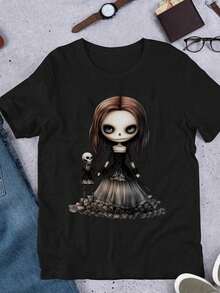 Doll With Skeleton Doll Friend, Stylish T- Shirt, Gym Clothes Men, Lightweight And Breathable, Perfect For Long Travel Days, Casual T-Shirt Graphic Tees, Graphic Tees, 100 Percent Cotton Shirts, Black Street Graphic Tees, Men's T-Shirt, Funny Graphic Vintage T Shirts, S-XXXL - 黑色-4 - 查看 1