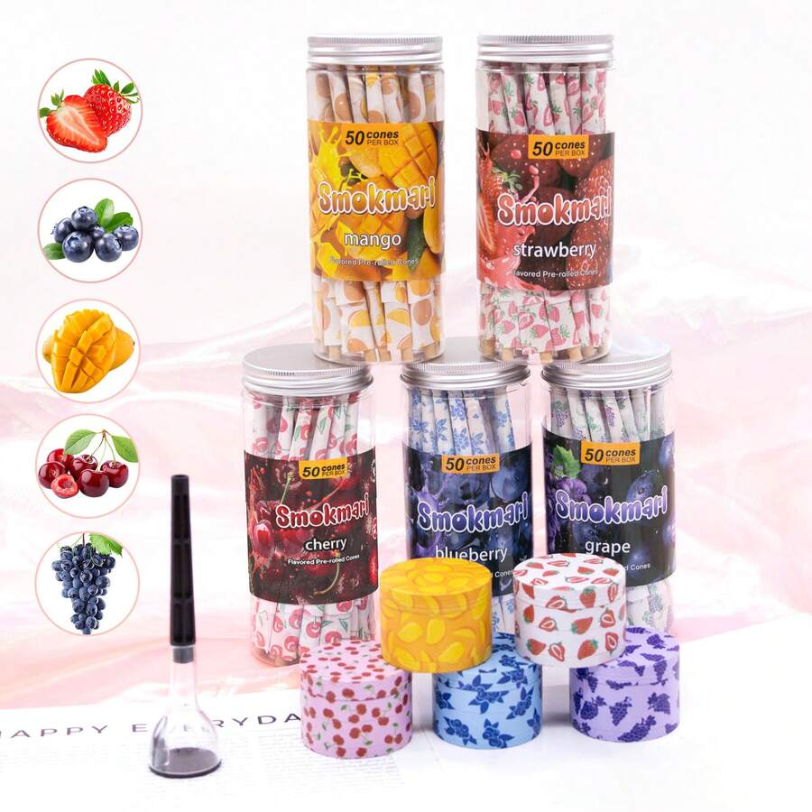 3pcs Set,50pcs King Size Fruit-Flavored Pre-Rolled Cones ,Metal Grinder With Fruit Pattern,Round Filler,Slow Burning,Available In Various Fruit Flavors,Classic Thickness,Rich Fruity Taste,High-Quality Pre-Rolled Cones,Smoking Accessories,Gift For Friends, Mother's Day Gifts,Party Supplies. - Nhiều màu - Xem 1