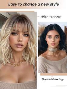 Blonde Wig Hair Natural Synthetic Heat Resistant Wigs 14 Inch Shory Curly Wig With Bangs For Women Daily Wedding Used - Blonde Highlight - View 8