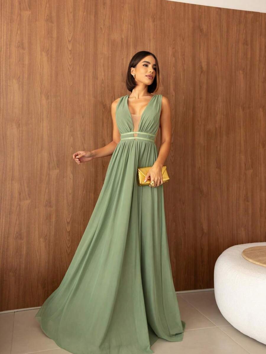 Micro Tulle Long Party Dress Simple Zipper Party Wedding - 橄欖綠 - 查看 1