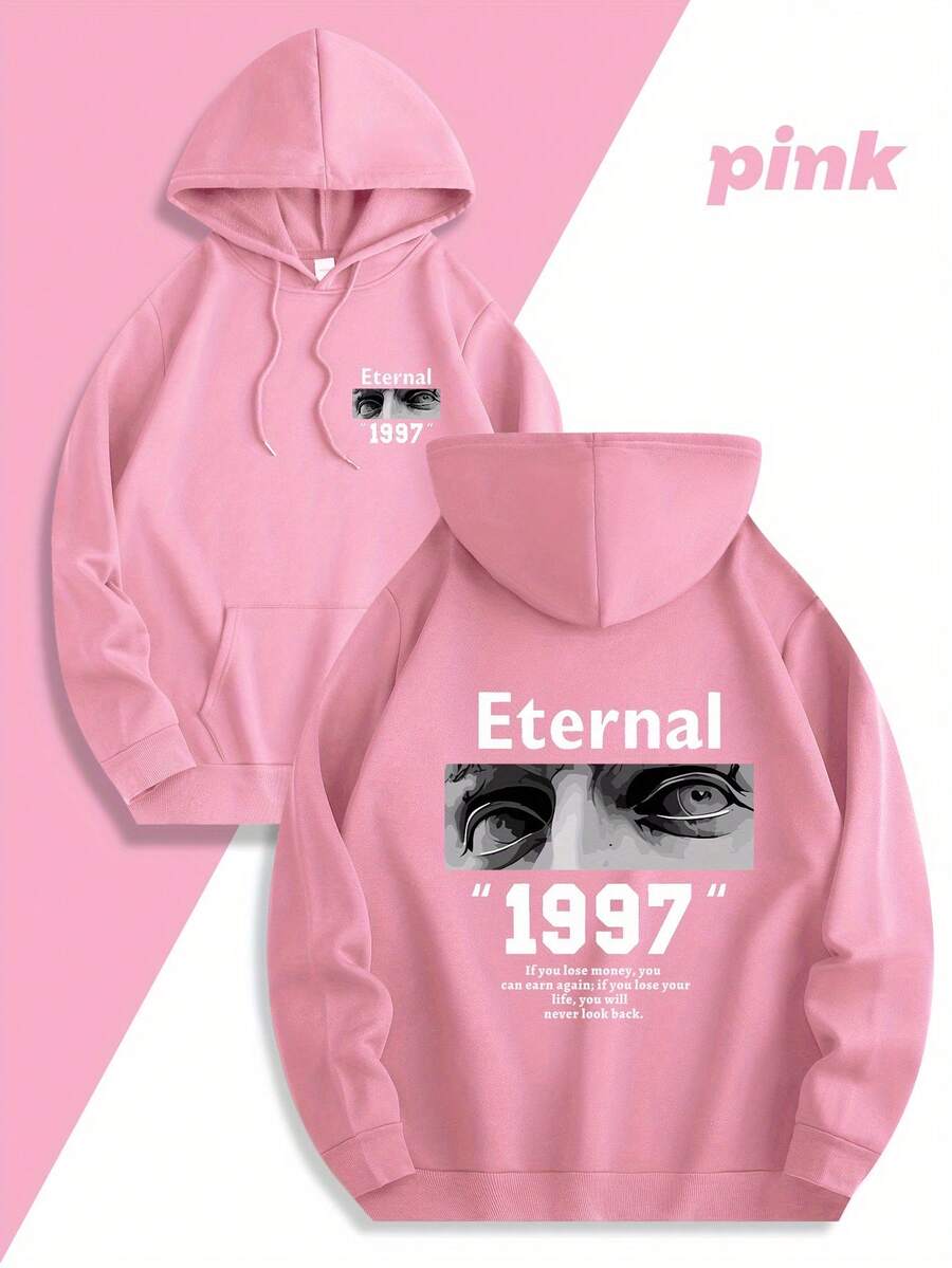 Sudadera con capucha gráfica azul claro ETERNAL 1997 - Sudadera casual unisex con diseño de escultura y letras, capucha con cordón, bolsillo delantero, comodidad para todas las estaciones, regalo perfecto para hombres y mujeres - Rosa - Ver 1
