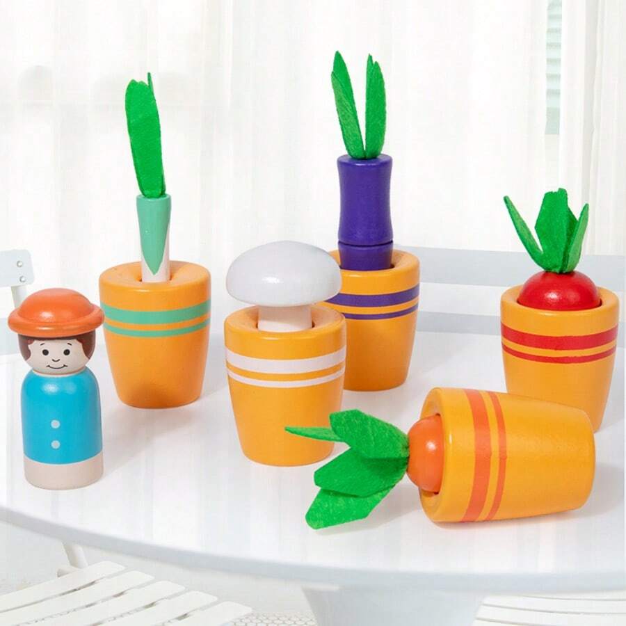 Cute Flower Pot Matching Planting Cup Color Matching Game, Vegetable Size Matching Cognitive Thinking Training Educational Wooden Toy