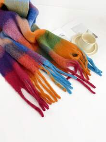 1pc Women's Solid Color Fluffy Long Scarf, Warm Neck Accessory For Winter; Colorful Plaid Oversized Thick Fringed Knit Shawl Wrap - HM06-red Orange Blue - View 6