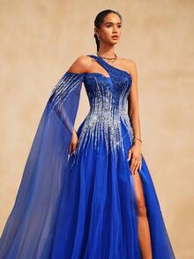 VIPGIRL Blue Sequin Patchwork Elegant Design Sheer Mesh Long Evening Dress, Graceful - Blue - View 8