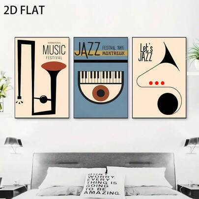 3PCS Music Jazz Modern Abstract Art Style Musical Instrument Oil Painting Canvas Art Wall Decoration, Piano Horn Cartoon Style Printed Poster Picture For Room Decoration, Corridor, Study Room, Bedroom Wall Decoration, Autumn Decoration(No Frame)