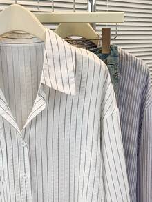 Women's Casual Striped Front Button Pocket Lapel Long Sleeve Stylish Striped Shirt Top Suitable For Autumn Winter Spring - White - View 7