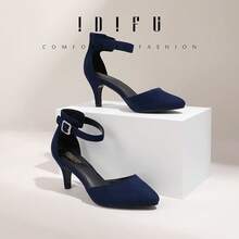 Women's IN3 D'Orsay Pumps Low Kitten Heels For Women Dress Shoes Pointed Closed Toe Wedding Bride Ankle Strap Dressy Silver Black Nude White Gold Heels For Women-2025 - 藍色絨面革 - 查看 3