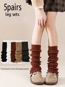 5 Pairs Girls' Simple Versatile Ruffle Edge Thin Breathable Leg Warmers, Suitable For Daily Wear, School Uniform, And JK Style, Spring/Autumn