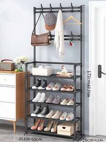 4-Layer/5-Layer Independent Metal Shoe Rack (The Material For Placing Shoes Is Non-Woven), Coat Rack, Multi-Functional Storage Hanger Outside The Door, Freestanding Wardrobe Hanger, Multi-Layer Indoor Shoe Rack With 8 Double-Hook Stainless Steel Shoe And Hat Combination Racks, 3-In-1 Space-Saving Storage Rack, Very Suitable For Bedroom, Living Room, Behind The Door, Corridor, Hat Rack, Shoe Rack, Portable Wardrobe, Luggage Storage Rack - Multicolor - View 4