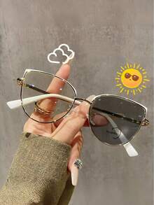 1pc Metal Round Cat Eye Frame Outdoor Photochromic Indoor Flexible Temples Fashion Glasses For Women - 黑色 - 查看 7