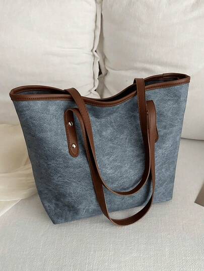 1 件蓝色 PU 皮革铆钉装饰拉链开合大容量简约百搭女士手提单肩包，学校、大学必备手提包，新款时尚女士大包