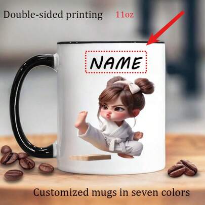 1 Pc Personalized Taekwondo Girl Martial Arts Mug - Custom Name 11oz Ceramic Coffee Cup For Practitioners - High-Quality Birthday/Christmas/Graduation Gift With Vivid Print - Available In 7 Colors With Dishwasher Finish - Ideal Holiday Present For Female Martial Artists