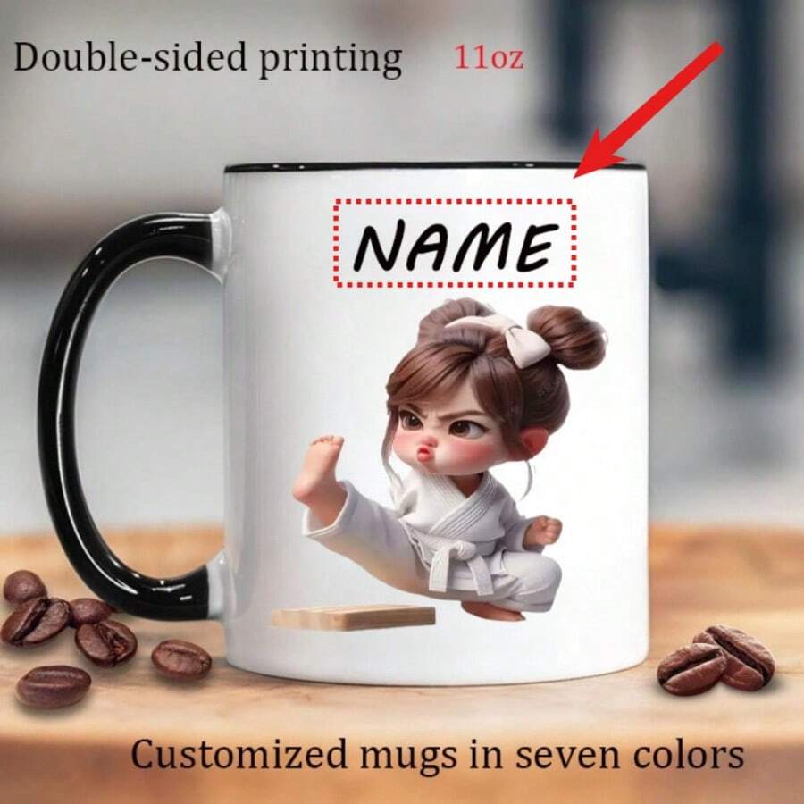 1 Pc Personalized Taekwondo Girl Martial Arts Mug - Custom Name 11oz Ceramic Coffee Cup For Practitioners - High-Quality Birthday/Christmas/Graduation Gift With Vivid Print - Available In 7 Colors With Dishwasher Finish - Ideal Holiday Present For Female Martial Artists