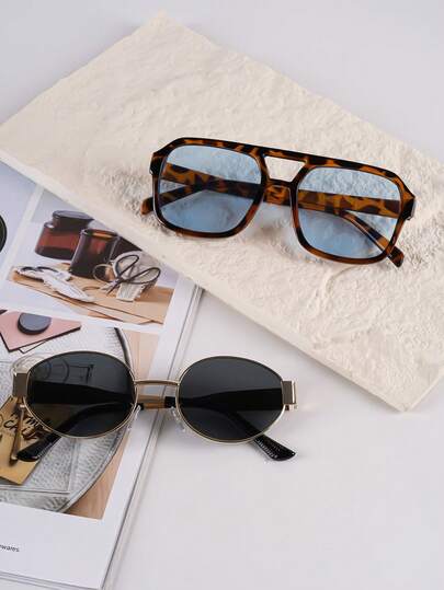 2pcs Metal Frame & Aviator Tortoiseshell Frame Fashion Glasses, Personalized Luxury Fashion Fashion Glasses For Women, Suitable For Daily Life, Beach, Outdoor Travel, Multi-Color Gradient Lenses