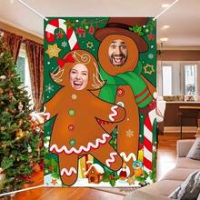 1pc,Gingerbread Photo Booth Props Banner, Large Fabric Face Photo Vertical Gingerbread Cutout Banner Background For Holiday And Winter Christmas Indoor And Outdoor Party Decorations And Supplies, Christmas Gingerbread Party Decors Fabric Large Photo Stand In Background For Holiday Xmas ﻿ - Multicolor - View 2