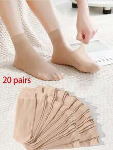 1/10/20 Pairs Solid Color Mid-Calf Socks, Minimalist & Practical Women's Short Stockings Black Flesh Colored Crystal Women's Summer Steel Stockings - Multicolor - View 10