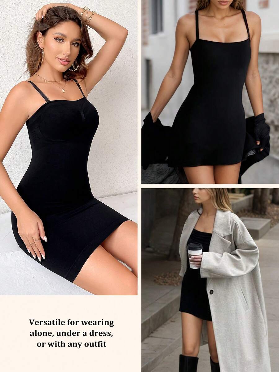 Ladies' Tummy Control & Butt-Lift Body Shaper With Detachable Shoulder Straps, Underdress Casual Black Party - Black - View 1