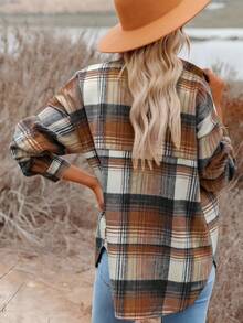 200g Retro Plaid Loose Flannel Shirt, American Casual Jacket, Lively Vibe, Casual Jacket, Cozy Knit Fabric - Brown - View 3