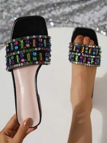 Women's Agate Crystal Embellished Colorful Chain Sandals, Luxury Rhinestone Beach Vacation Party Wedge Slippers,Spring Summer Outfits - Black - View 3