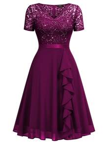 MIUSOL Elegant Women's V-Neck Contrast Lace Sequin Maroon Flowy Chiffon Swing Dress, Ruffle Trim Ruched Hem, For Wedding Guest, Prom, Homecoming, Birthday Party - 紫紅色 - 查看 7