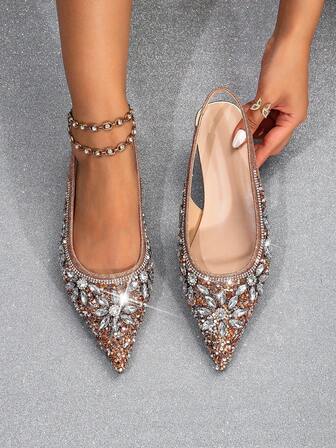 新款时尚水钻尖头平底一脚蹬鞋，舒适百搭闪亮女式平底鞋