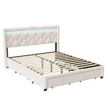 Stauraumbett 160 x 200 cm, Polsterbett mit LED-Kopfteil und USB-Ladefunktion, Doppelbett mit 4 Eisenschubladen Funktionsbett Jugendbett 160x200 mit Lattenrost, Rückenlehne Bettgestell, Ohne Matratze