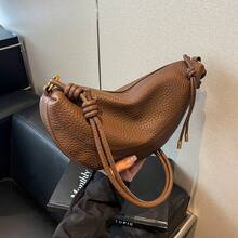 1 pieza Bolso de hombro de mujer de unicolor de piel de PU, bolso de hombro en forma de media luna de moda vintage con cierre de cremallera, adecuado para uso diario y al aire libre - Café - Ver 9