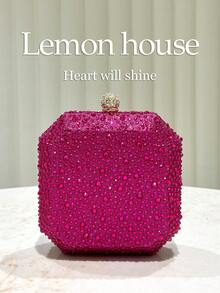 1 件紫红色闪亮水钻装饰优雅迷你盒式手拿包，时尚个性化手提包，适合晚会、婚礼、庆典、节日、女士 - 查看 6