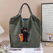 New Cross-Border Japanese Style Women's Handbag, Nylon Embroidered Shopping Tote, Fashionable Cute Cat Glasses Daily Commute Shoulder Bag