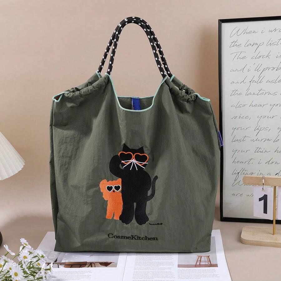 New Cross-Border Japanese Style Women's Handbag, Nylon Embroidered Shopping Tote, Fashionable Cute Cat Glasses Daily Commute Shoulder Bag