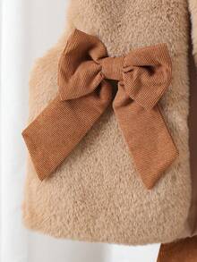 Bộ 2 món/Bộ đồ liền thân không tay nơ lông trơn màu cho bé gái + váy nhung kẻ thường ngày, mùa thu - màu nâu - Xem 3