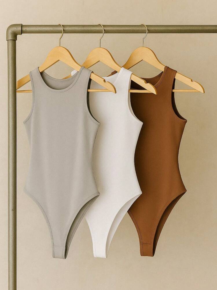 Kit 3 Body Leotard Women's Basic Versatile Tank Top Fashion Casual Elegant Suplex Versatile Blogger - 白色-灰色-可可色 - 查看 1