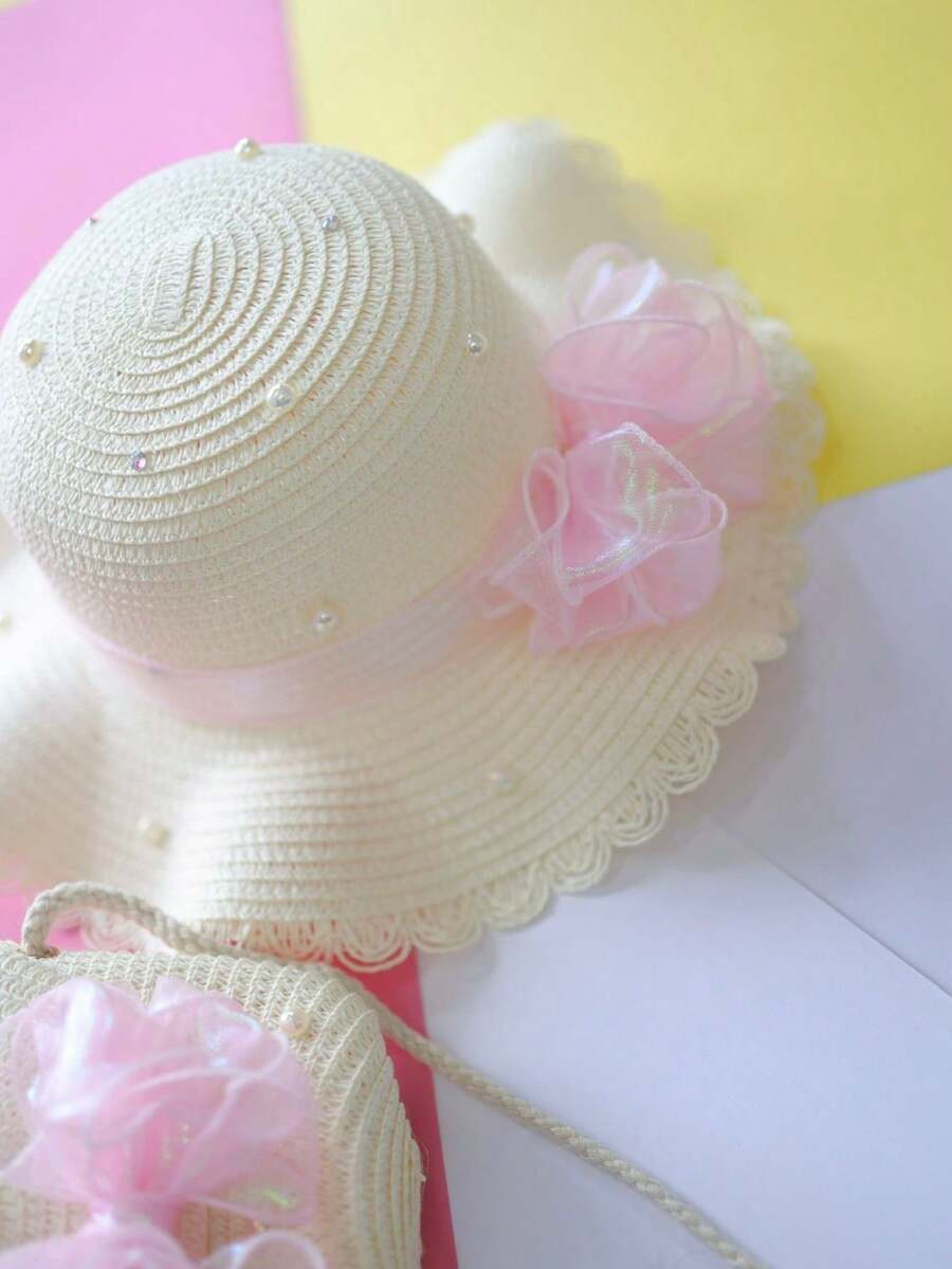Children's Beach Kit Bag And Hat For Girls / Modern Children's Summer Bag // Straw Sun Protection Beach Hat Summer Kit - Hat Model 3 Translucent Pink Organza Bow - View 1